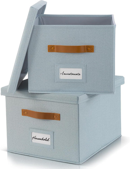 Decorative File Organizer Box Set of 2 - Collapsible Linen Filing Cabinets