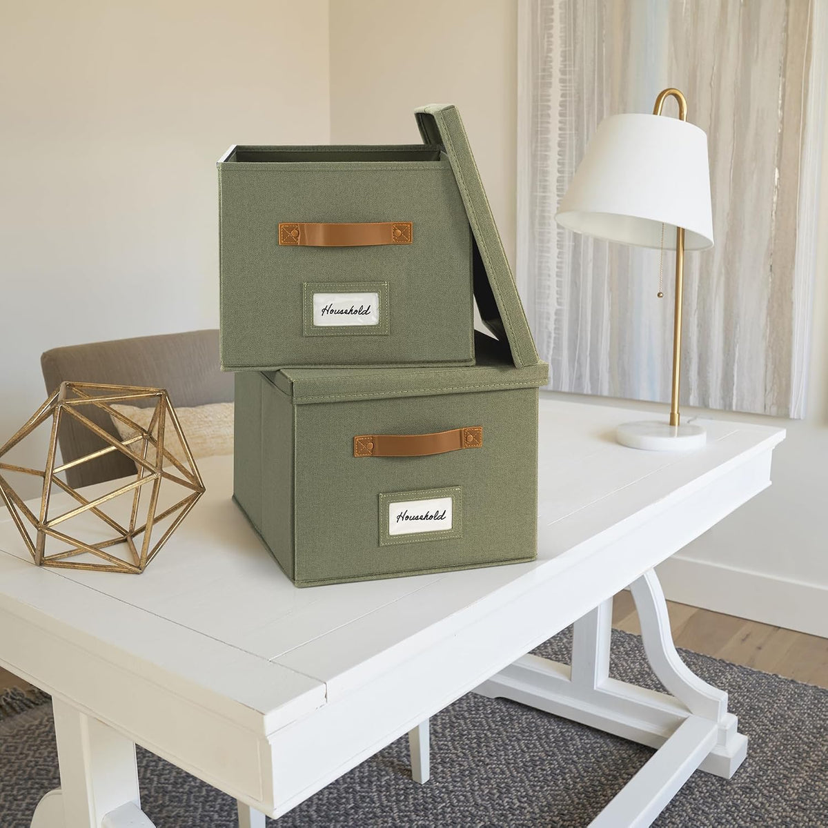 Decorative File Organizer Box Set of 2 - Collapsible Linen Filing Cabinets