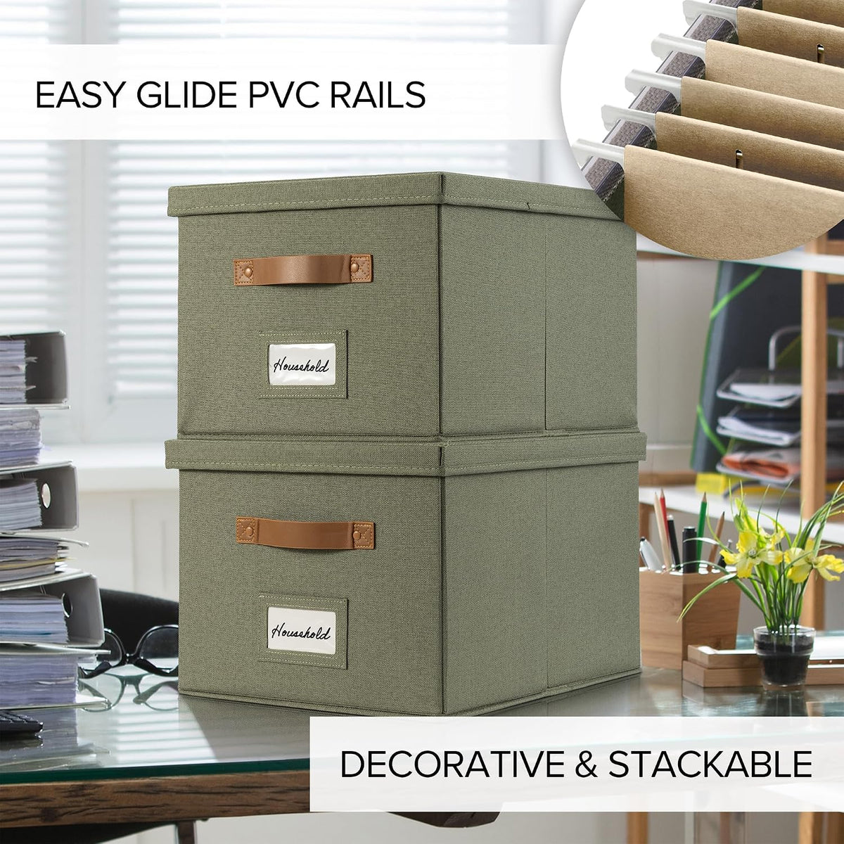 Decorative File Organizer Box Set of 2 - Collapsible Linen Filing Cabinets