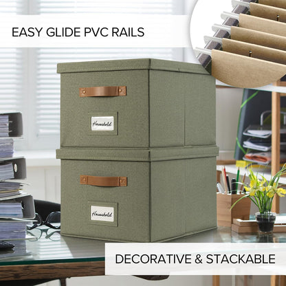 Decorative File Organizer Box Set of 2 - Collapsible Linen Filing Cabinets