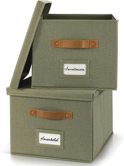 Decorative File Organizer Box Set of 2 - Collapsible Linen Filing Cabinets