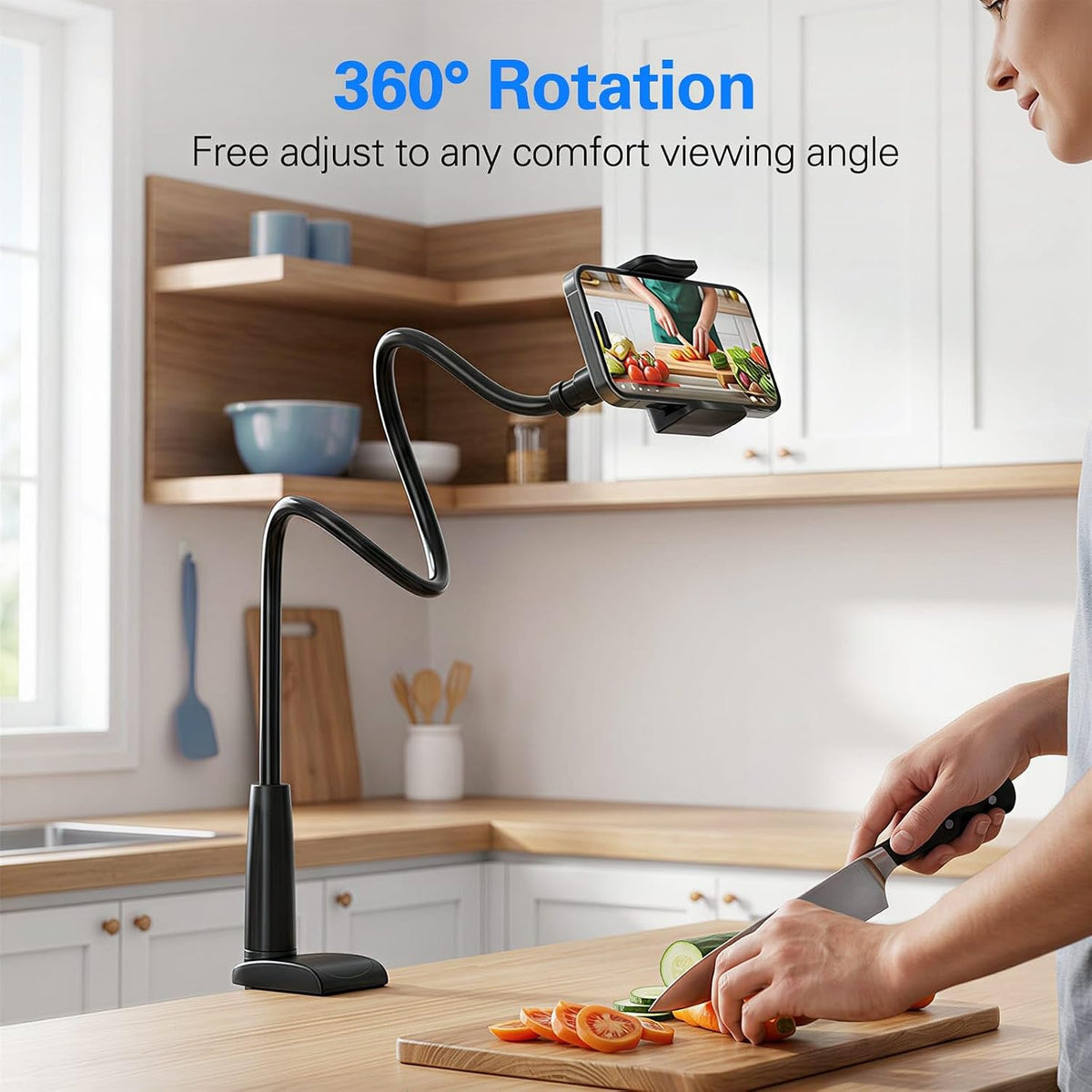 Gooseneck Phone Holder for Bed, 30in Flexible Overhead Cell Phone Mount for Desk, Hands-Free Viewing Clamp Stand Compatible with iPhone 17 16 15 Pro Max and 3.5-7" Devices