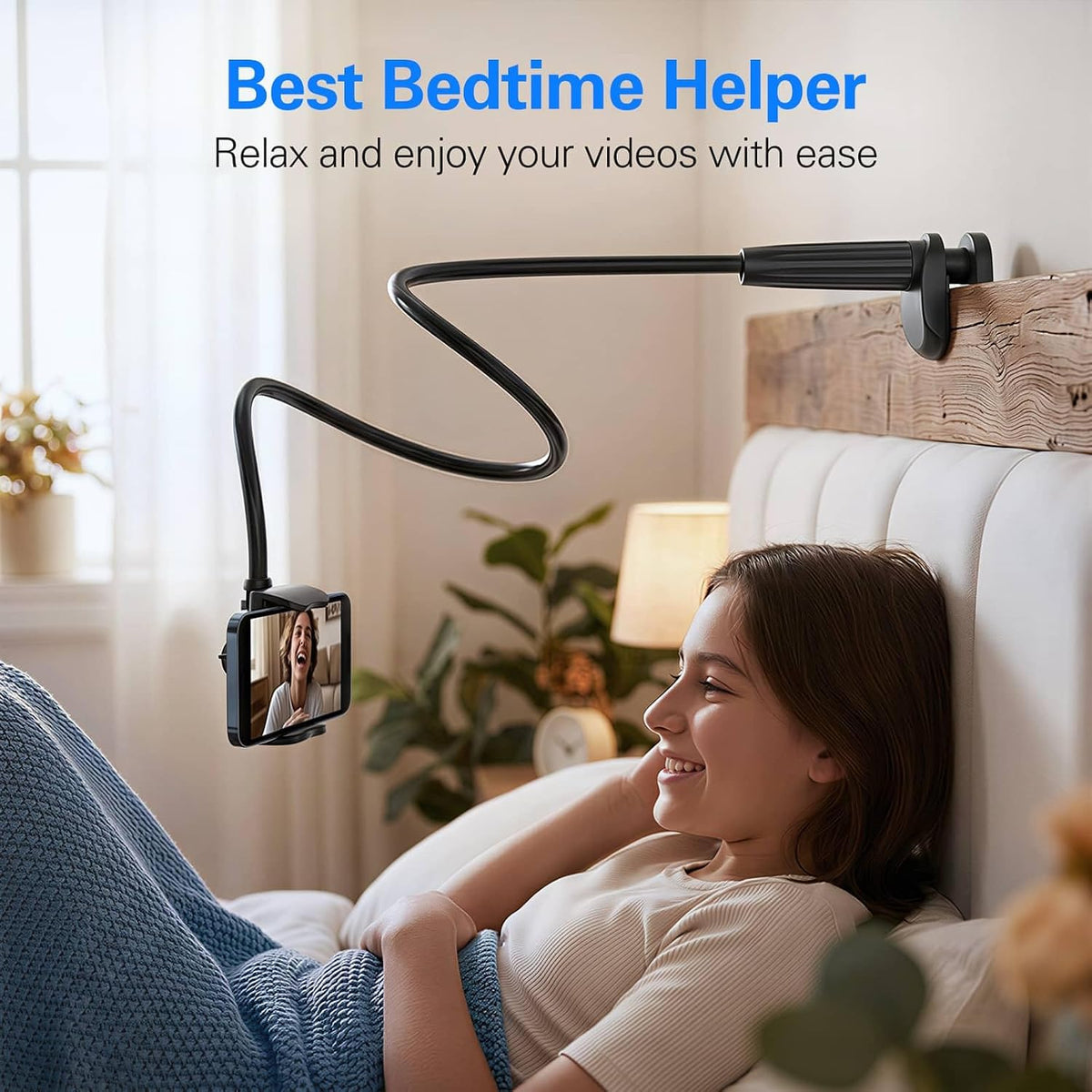 Gooseneck Phone Holder for Bed, 30in Flexible Overhead Cell Phone Mount for Desk, Hands-Free Viewing Clamp Stand Compatible with iPhone 17 16 15 Pro Max and 3.5-7" Devices