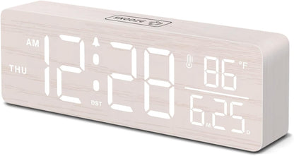 Wooden Digital Alarm Clock with Date & Day of Week for Bedroom