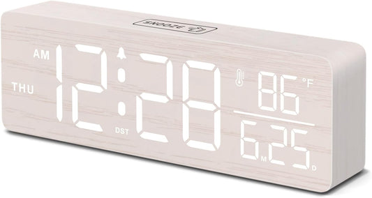 Wooden Digital Alarm Clock with Date & Day of Week for Bedroom