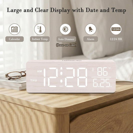 Wooden Digital Alarm Clock with Date & Day of Week for Bedroom