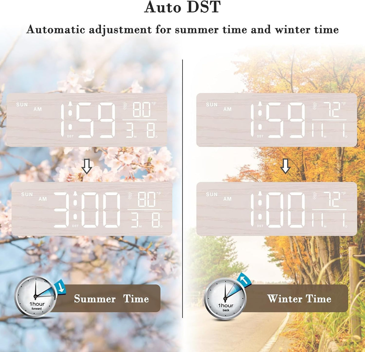 Wooden Digital Alarm Clock with Date & Day of Week for Bedroom