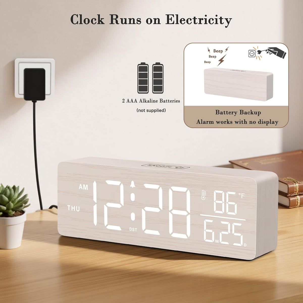 Wooden Digital Alarm Clock with Date & Day of Week for Bedroom