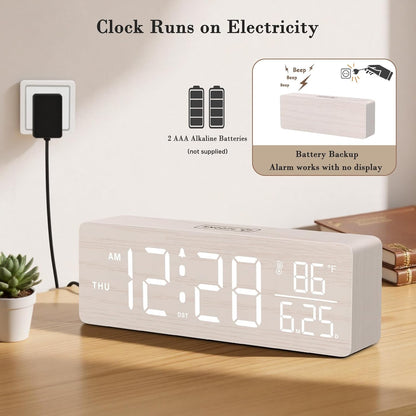 Wooden Digital Alarm Clock with Date & Day of Week for Bedroom