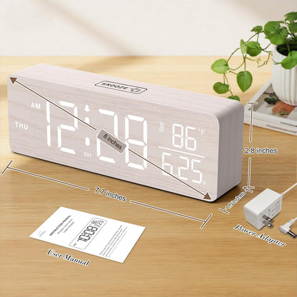 Wooden Digital Alarm Clock with Date & Day of Week for Bedroom