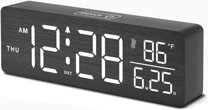 Wooden Digital Alarm Clock with Date & Day of Week for Bedroom