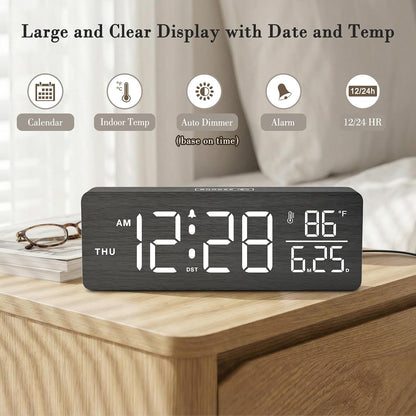 Wooden Digital Alarm Clock with Date & Day of Week for Bedroom