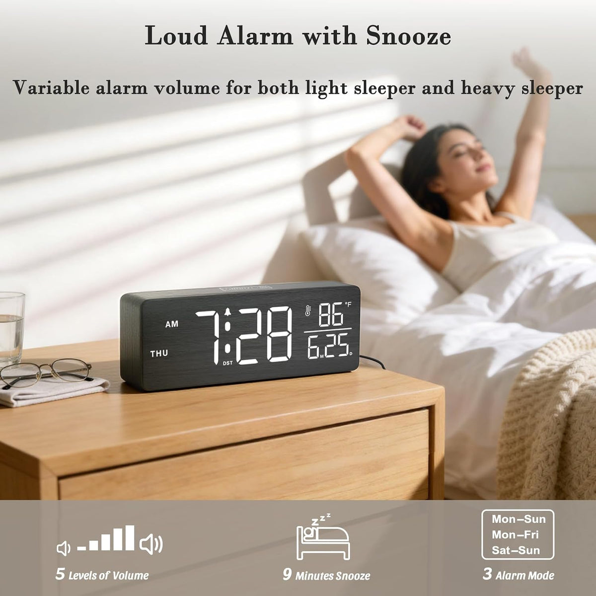 Wooden Digital Alarm Clock with Date & Day of Week for Bedroom
