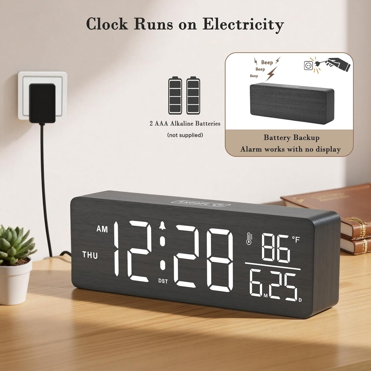 Wooden Digital Alarm Clock with Date & Day of Week for Bedroom