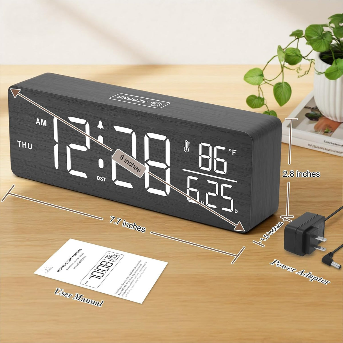 Wooden Digital Alarm Clock with Date & Day of Week for Bedroom
