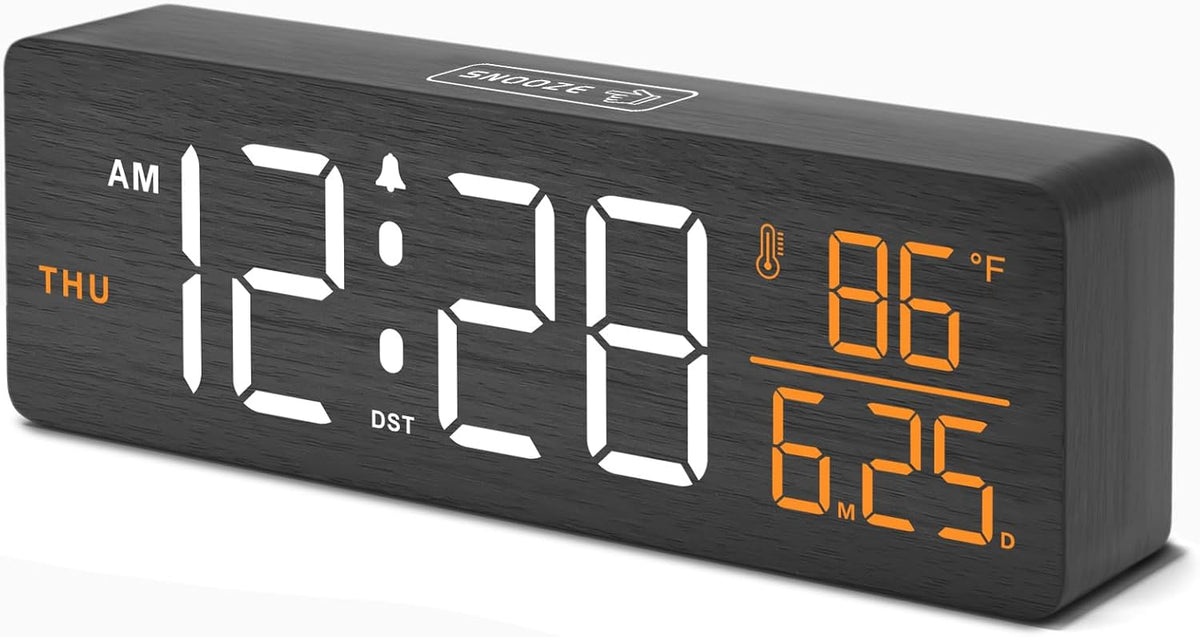 Wooden Digital Alarm Clock with Date & Day of Week for Bedroom