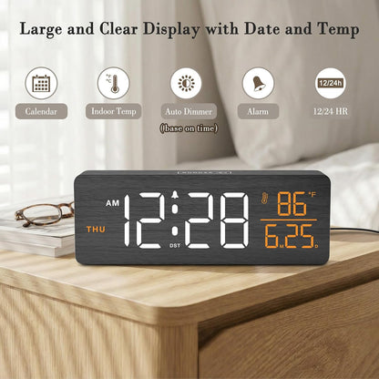 Wooden Digital Alarm Clock with Date & Day of Week for Bedroom