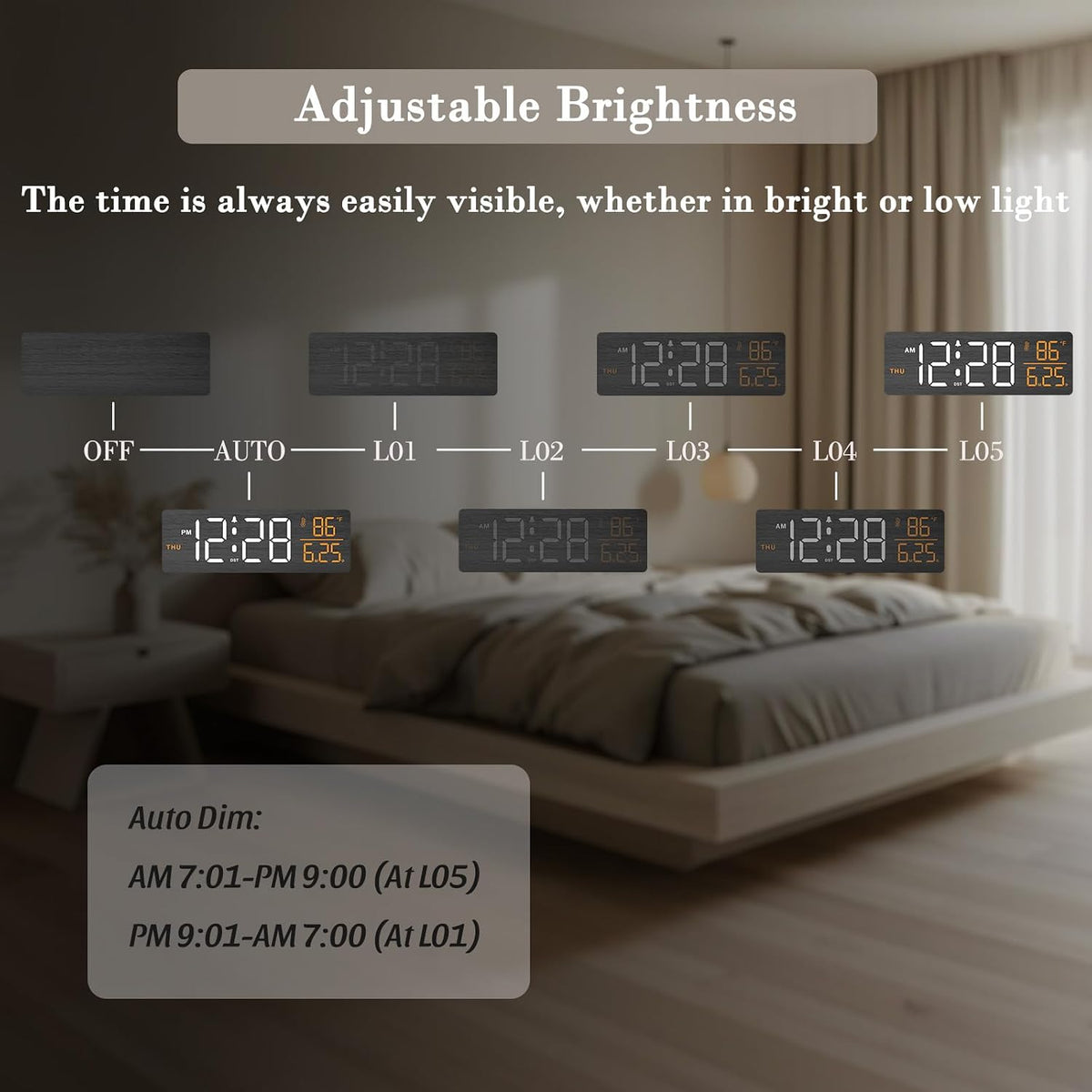 Wooden Digital Alarm Clock with Date & Day of Week for Bedroom