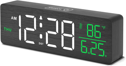 Wooden Digital Alarm Clock with Date & Day of Week for Bedroom