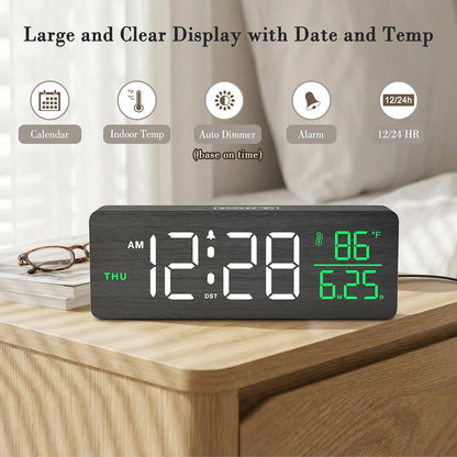 Wooden Digital Alarm Clock with Date & Day of Week for Bedroom