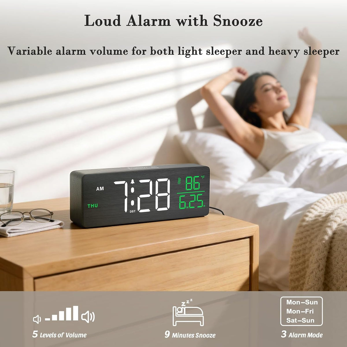 Wooden Digital Alarm Clock with Date & Day of Week for Bedroom