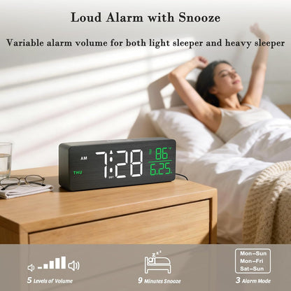 Wooden Digital Alarm Clock with Date & Day of Week for Bedroom