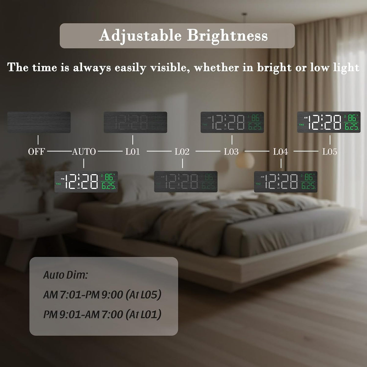 Wooden Digital Alarm Clock with Date & Day of Week for Bedroom