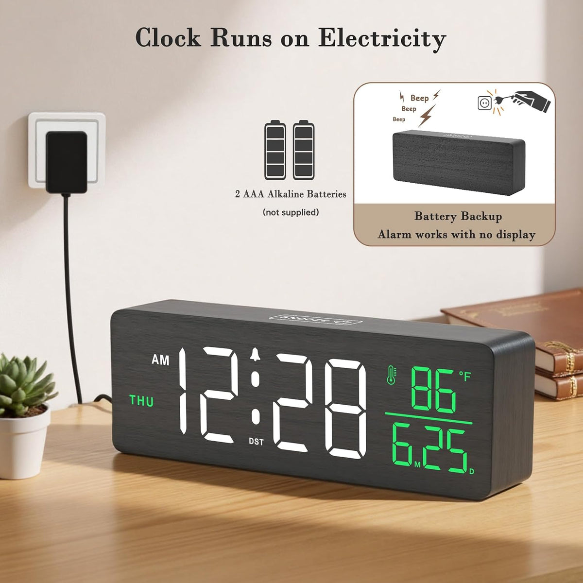 Wooden Digital Alarm Clock with Date & Day of Week for Bedroom