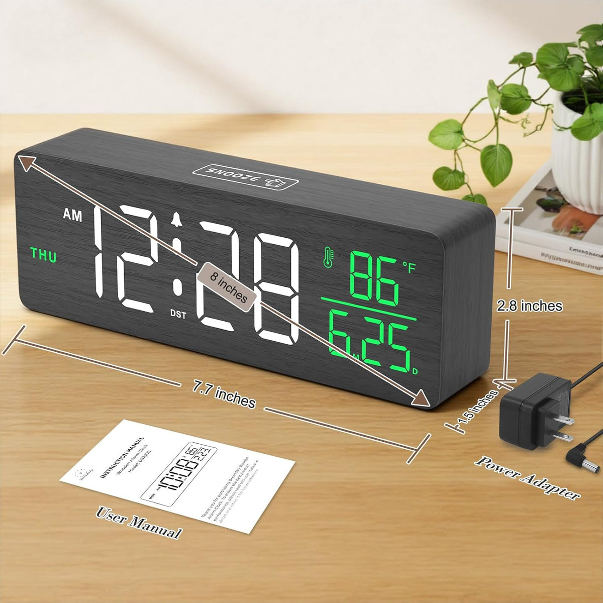 Wooden Digital Alarm Clock with Date & Day of Week for Bedroom