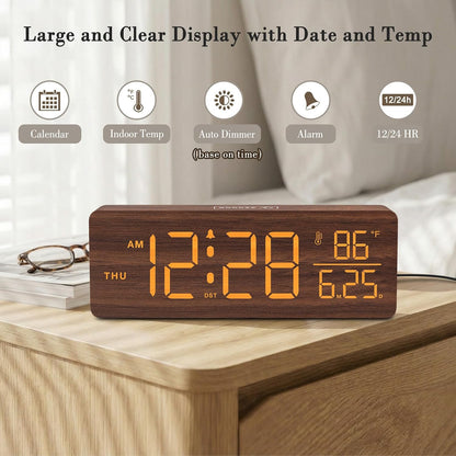 Wooden Digital Alarm Clock with Date & Day of Week for Bedroom