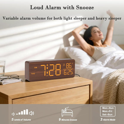 Wooden Digital Alarm Clock with Date & Day of Week for Bedroom