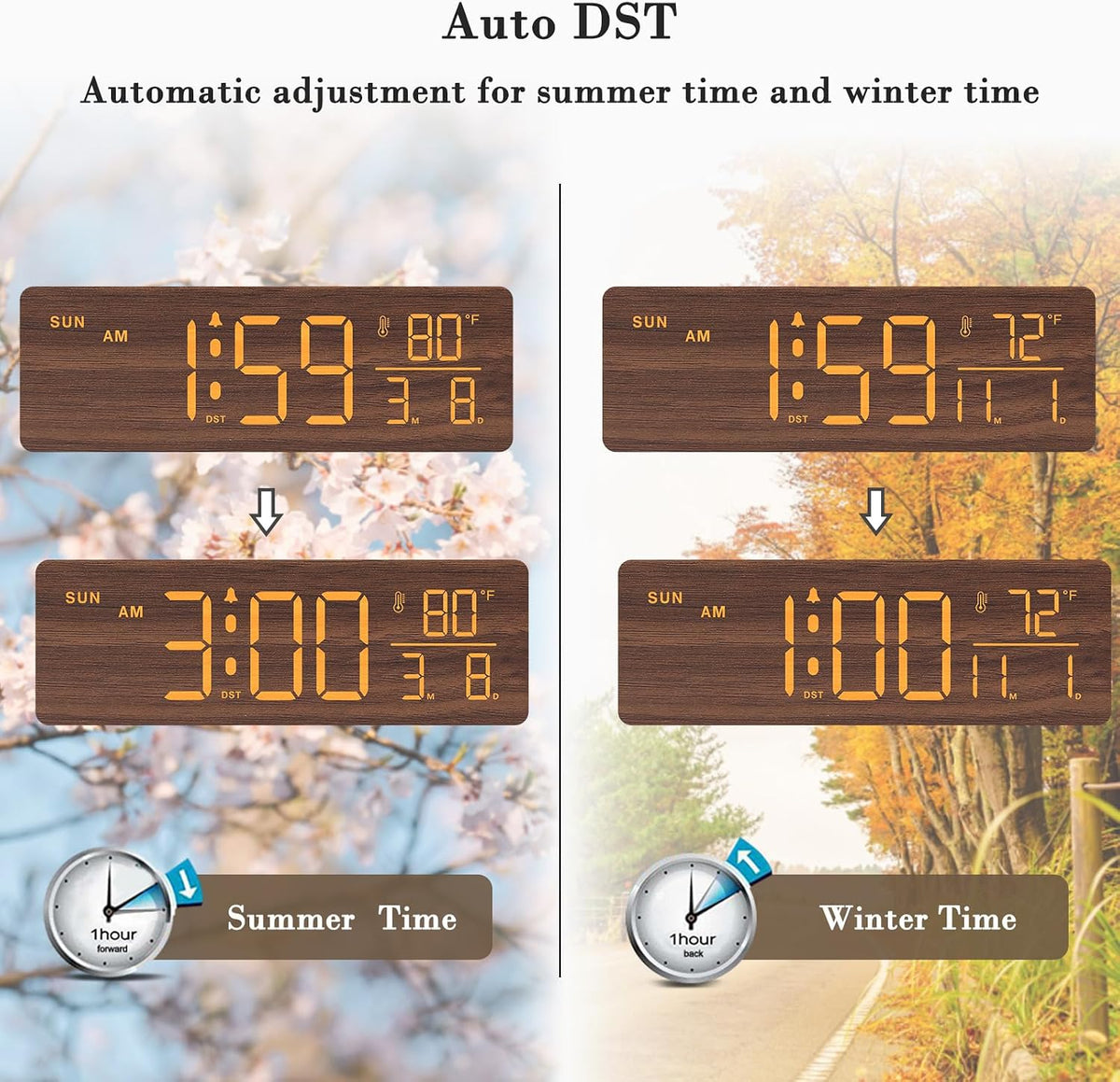 Wooden Digital Alarm Clock with Date & Day of Week for Bedroom