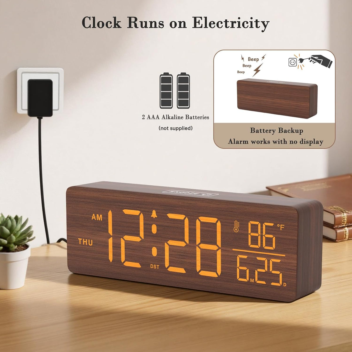 Wooden Digital Alarm Clock with Date & Day of Week for Bedroom