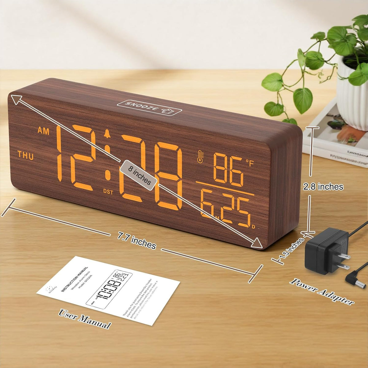 Wooden Digital Alarm Clock with Date & Day of Week for Bedroom