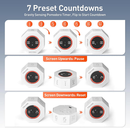 Pomodoro Timer with 1/3/5/10/15/30/60 Min Presets, 3 Level Volume
