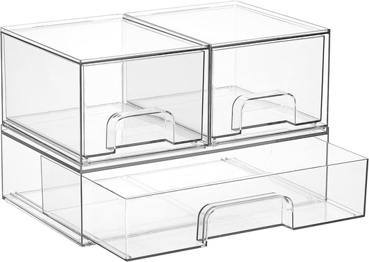 Clear Stackable Storage Drawers Set of 5, Plastic Organizer Bins
