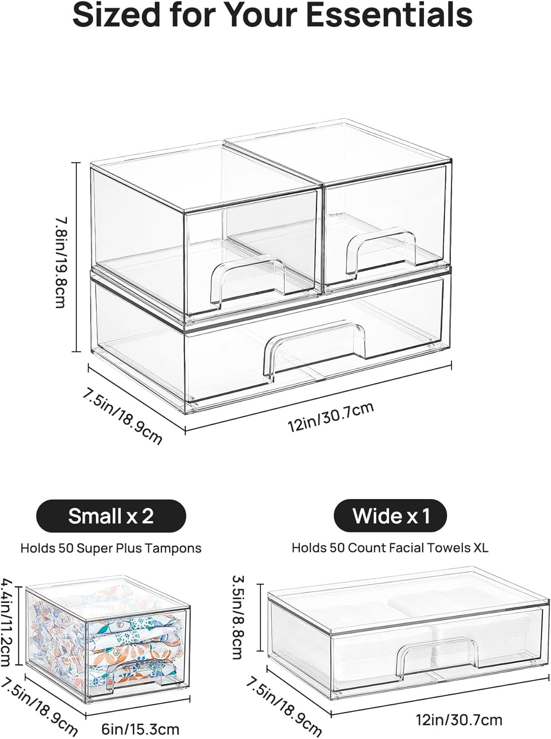 Clear Stackable Storage Drawers Set of 5, Plastic Organizer Bins