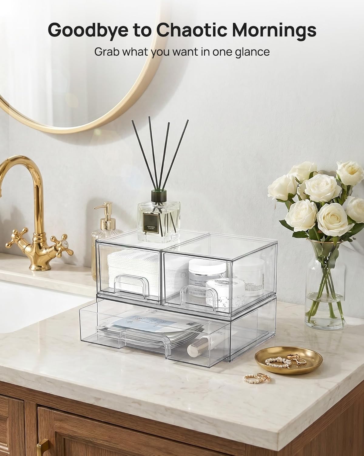 Clear Stackable Storage Drawers Set of 5, Plastic Organizer Bins