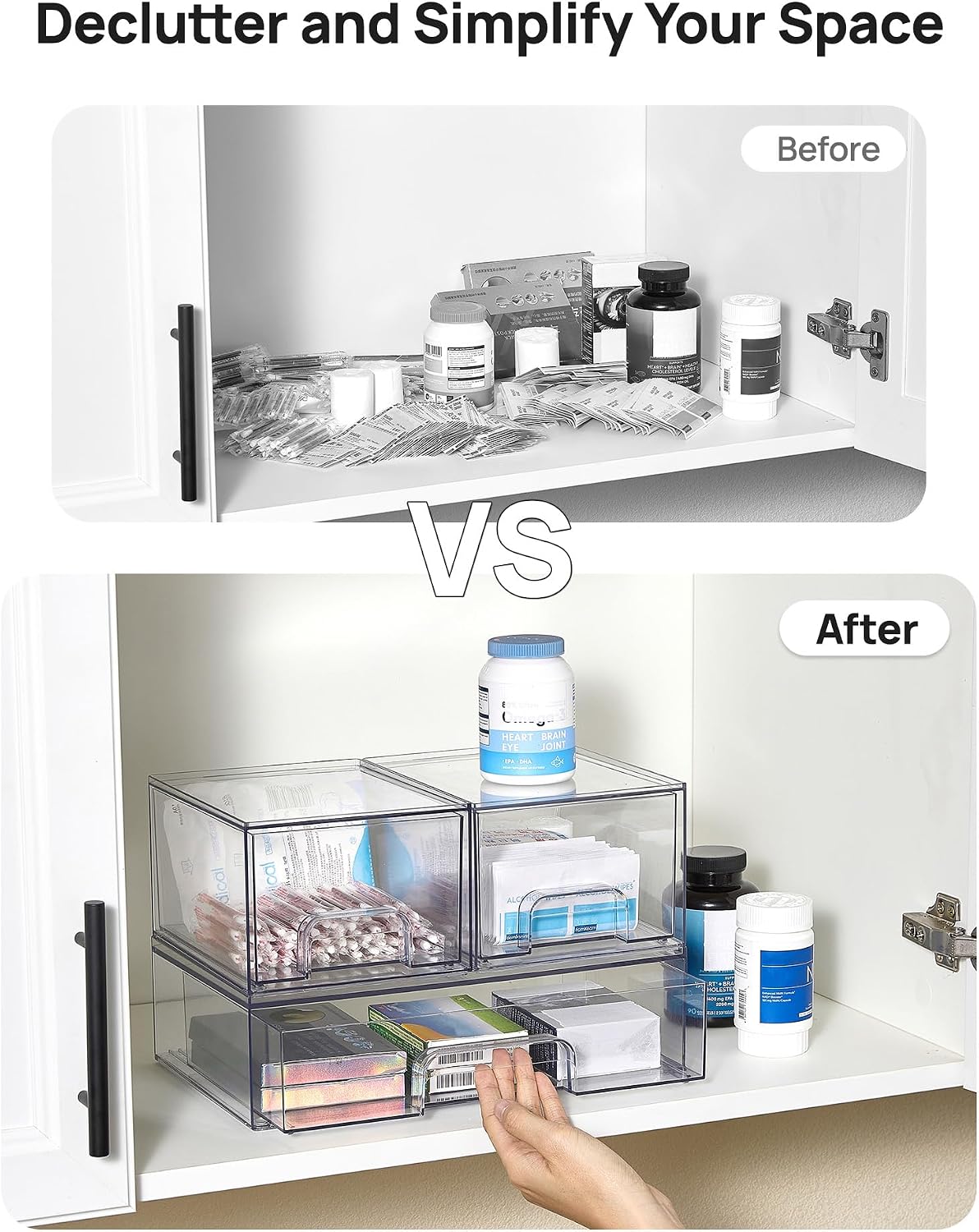 Clear Stackable Storage Drawers Set of 5, Plastic Organizer Bins