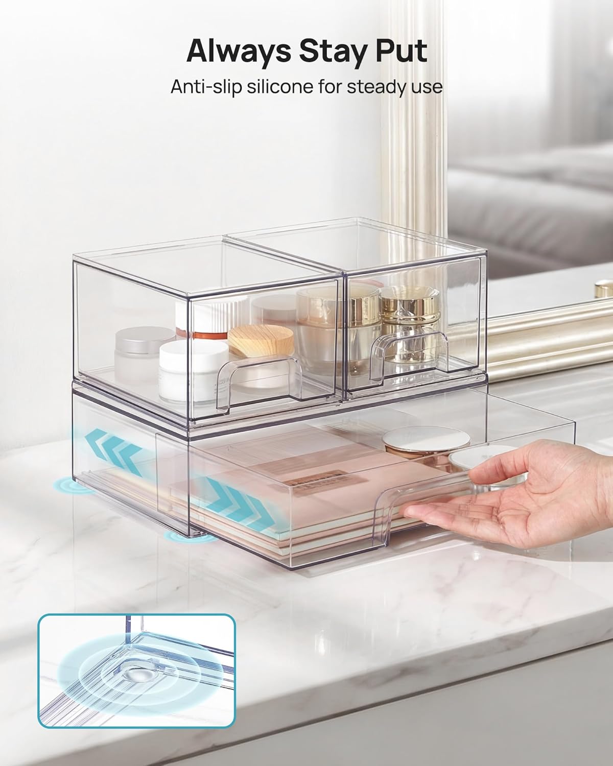 Clear Stackable Storage Drawers Set of 5, Plastic Organizer Bins
