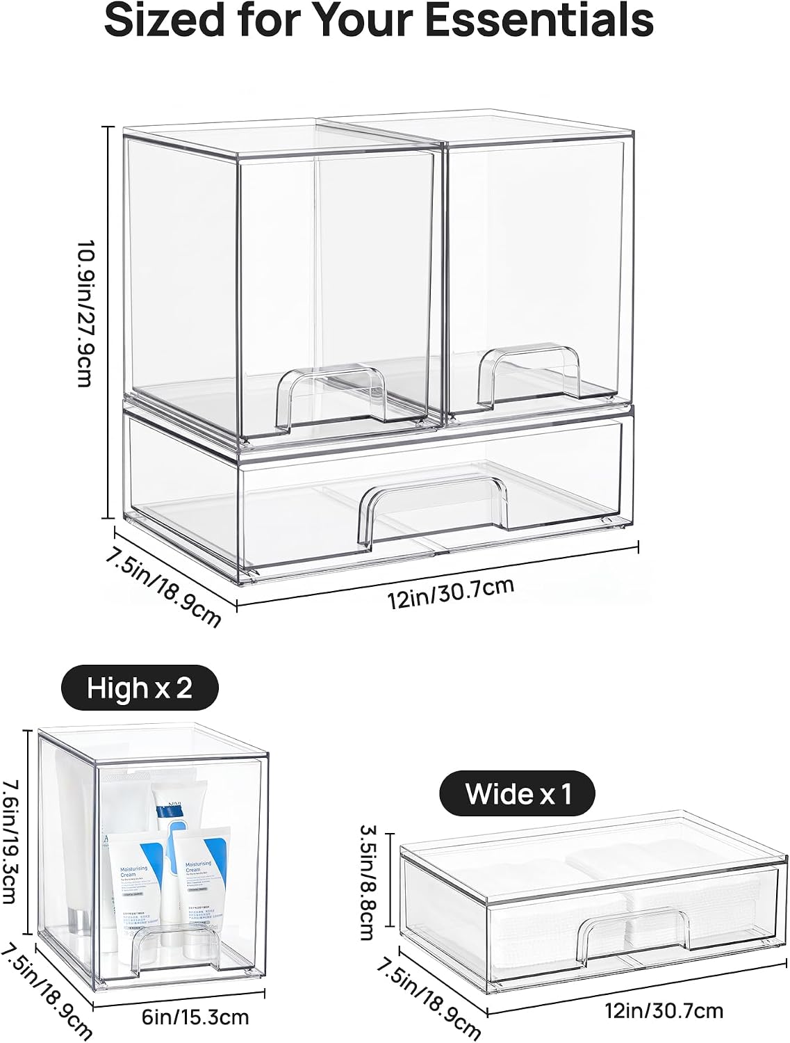 Clear Stackable Storage Drawers Set of 5, Plastic Organizer Bins