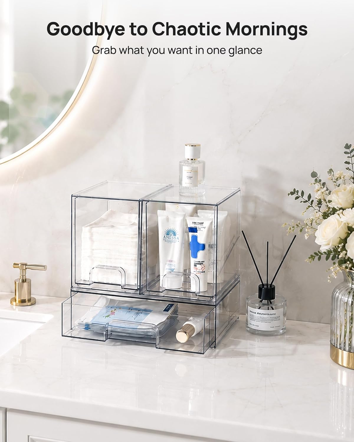 Clear Stackable Storage Drawers Set of 5, Plastic Organizer Bins