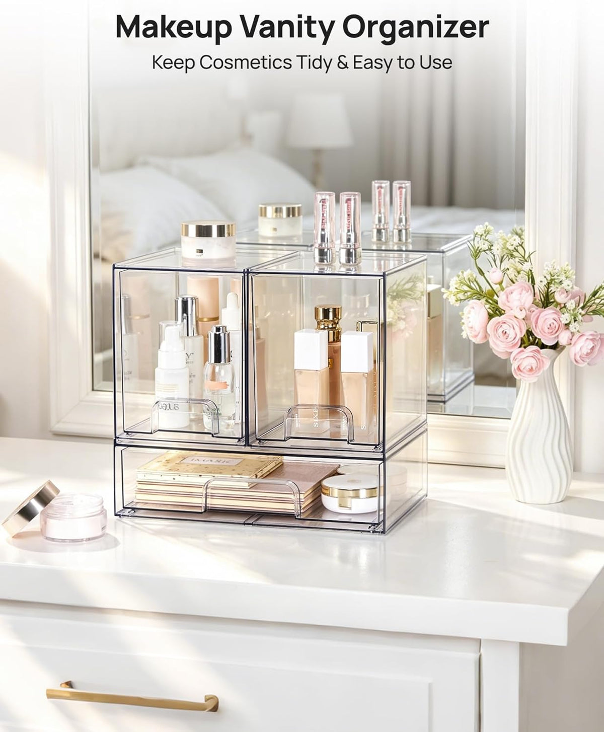 Clear Stackable Storage Drawers Set of 5, Plastic Organizer Bins