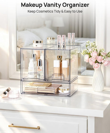 Clear Stackable Storage Drawers Set of 5, Plastic Organizer Bins