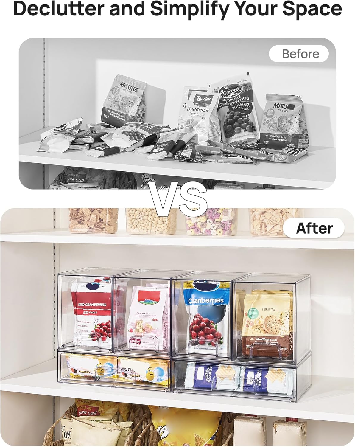 Clear Stackable Storage Drawers Set of 5, Plastic Organizer Bins