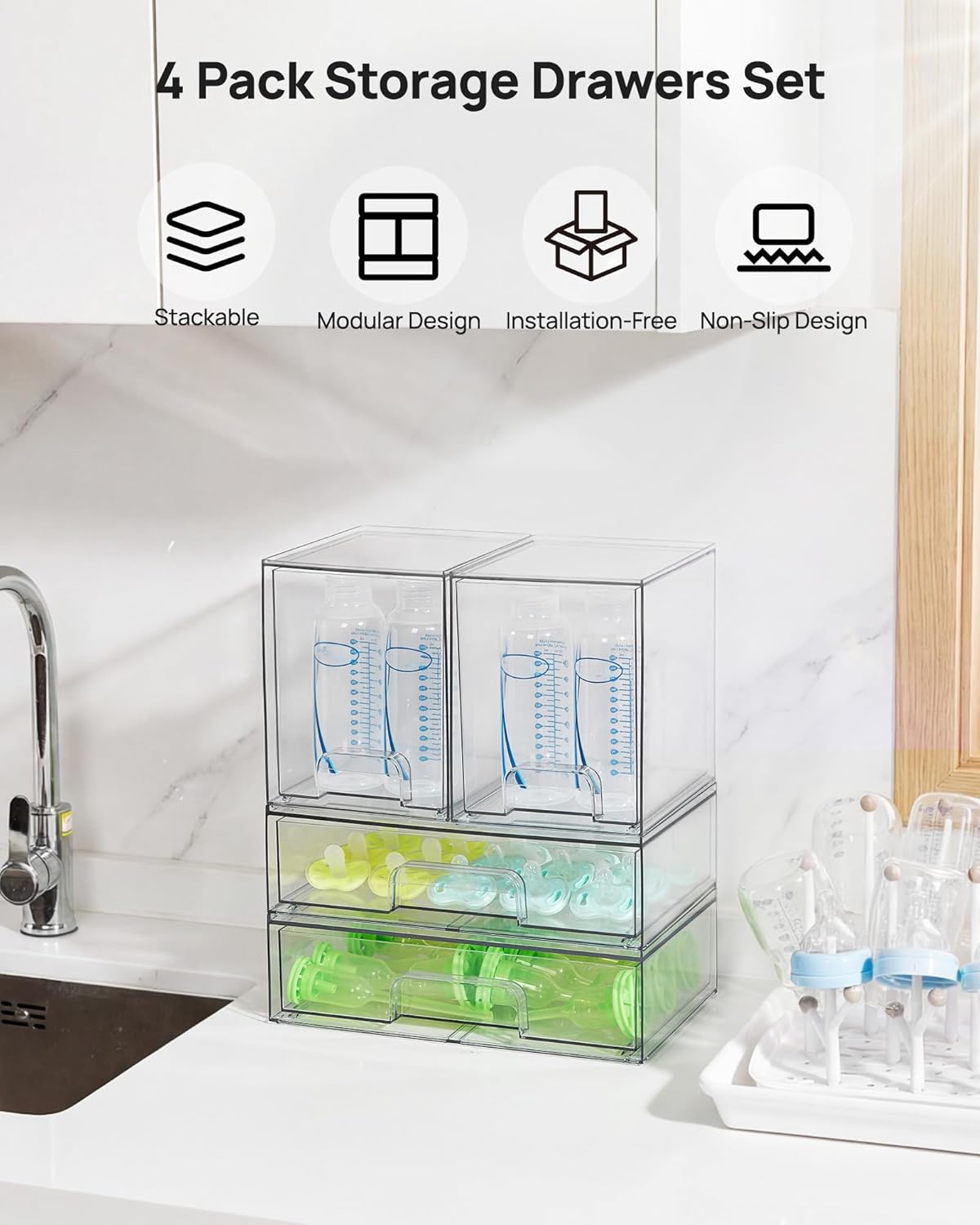 Clear Stackable Storage Drawers Set of 5, Plastic Organizer Bins