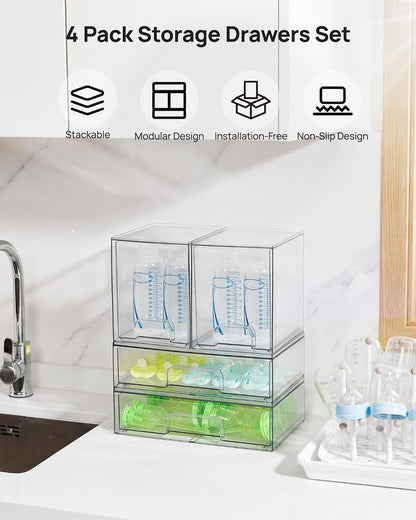 Clear Stackable Storage Drawers Set of 5, Plastic Organizer Bins