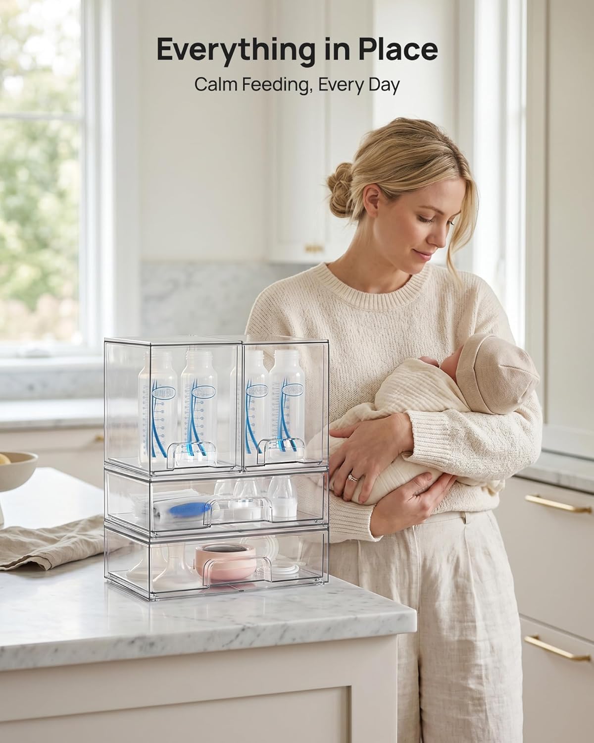 Clear Stackable Storage Drawers Set of 5, Plastic Organizer Bins