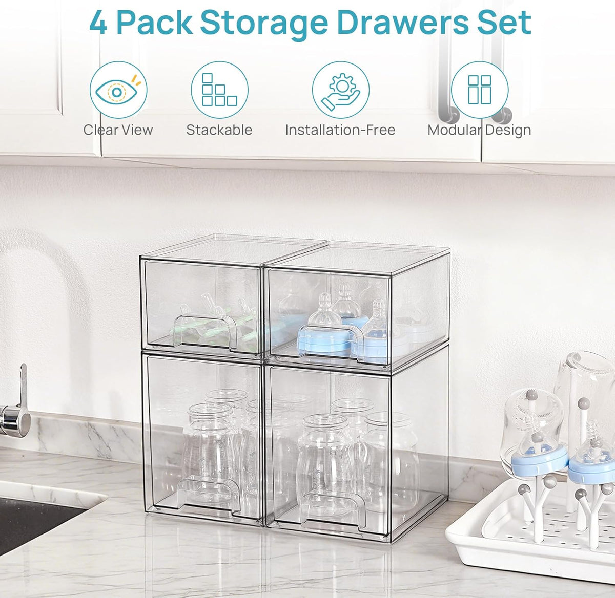 Clear Stackable Storage Drawers Set of 5, Plastic Organizer Bins