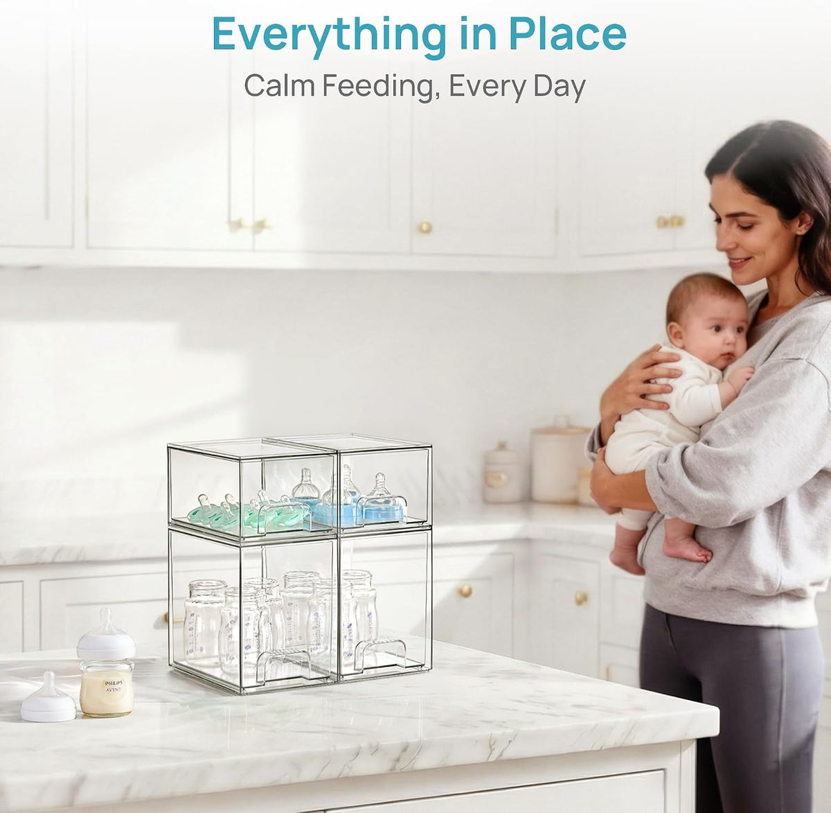 Clear Stackable Storage Drawers Set of 5, Plastic Organizer Bins